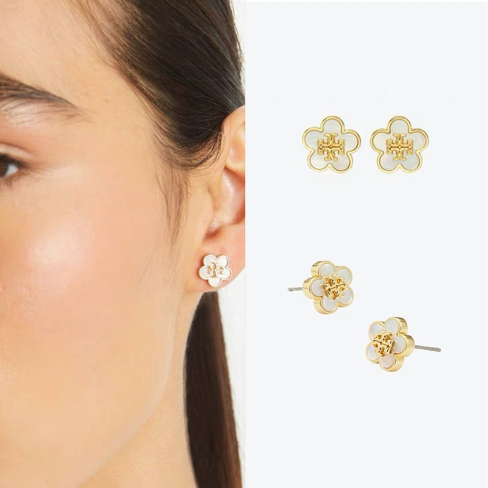 Tory Burch Gold Plated Floral Earrings with Natural Mother of Pearl Studs